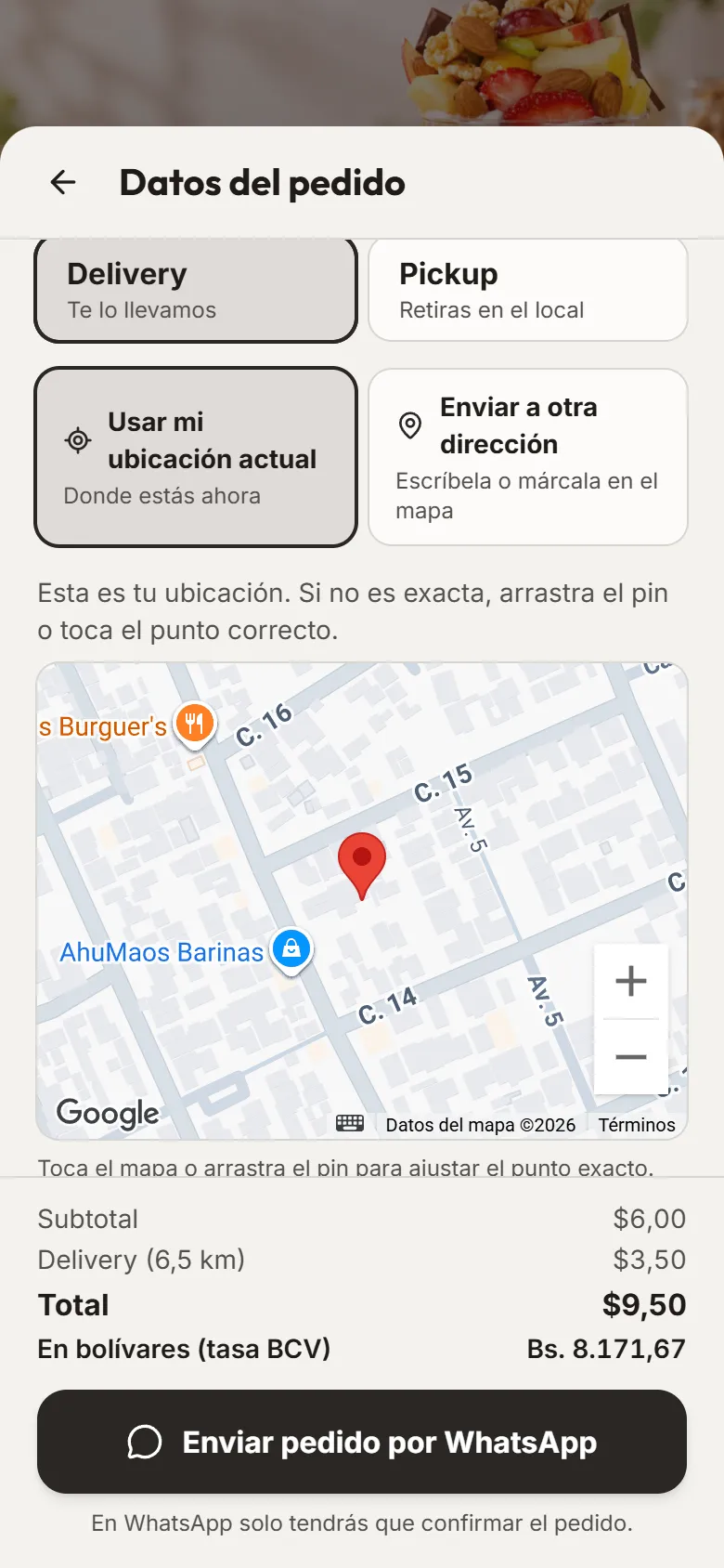 Pedido con la ubicación en el mapa y el costo del delivery